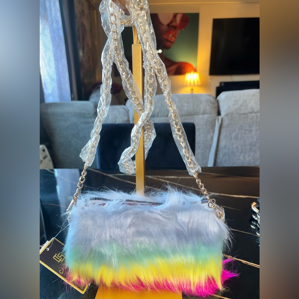 Pastel Faux Fur Crossbody Bag with Chain Strap